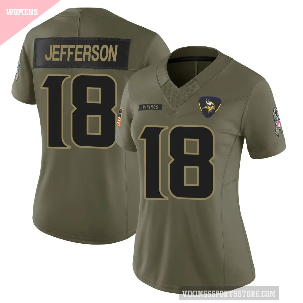 Women's Minnesota Vikings ＃18 Justin Jefferson Olive Limited 2025 Salute to Service Jersey